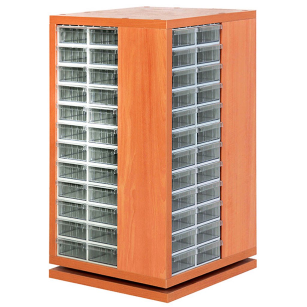 Revolving wooden cabinet with plastic drawers