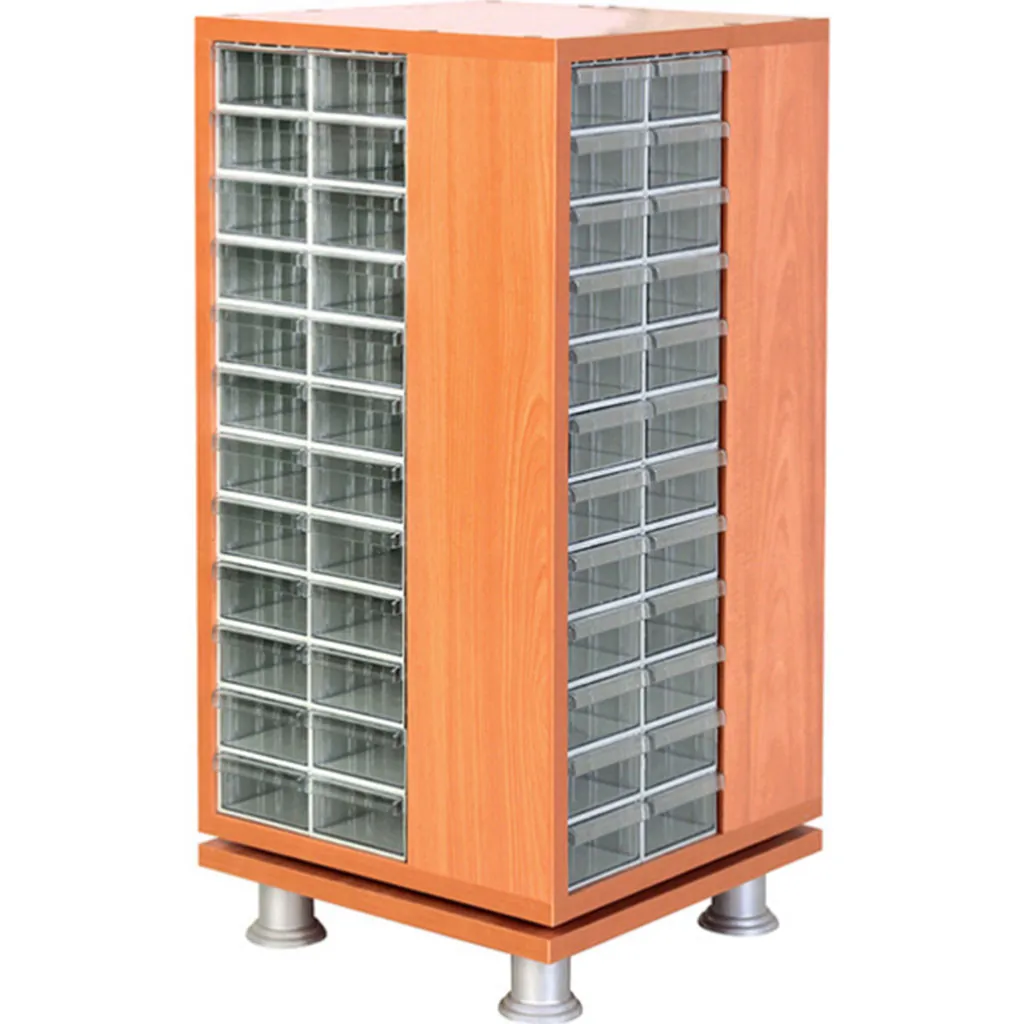 Revolving wooden cabinet with plastic drawers