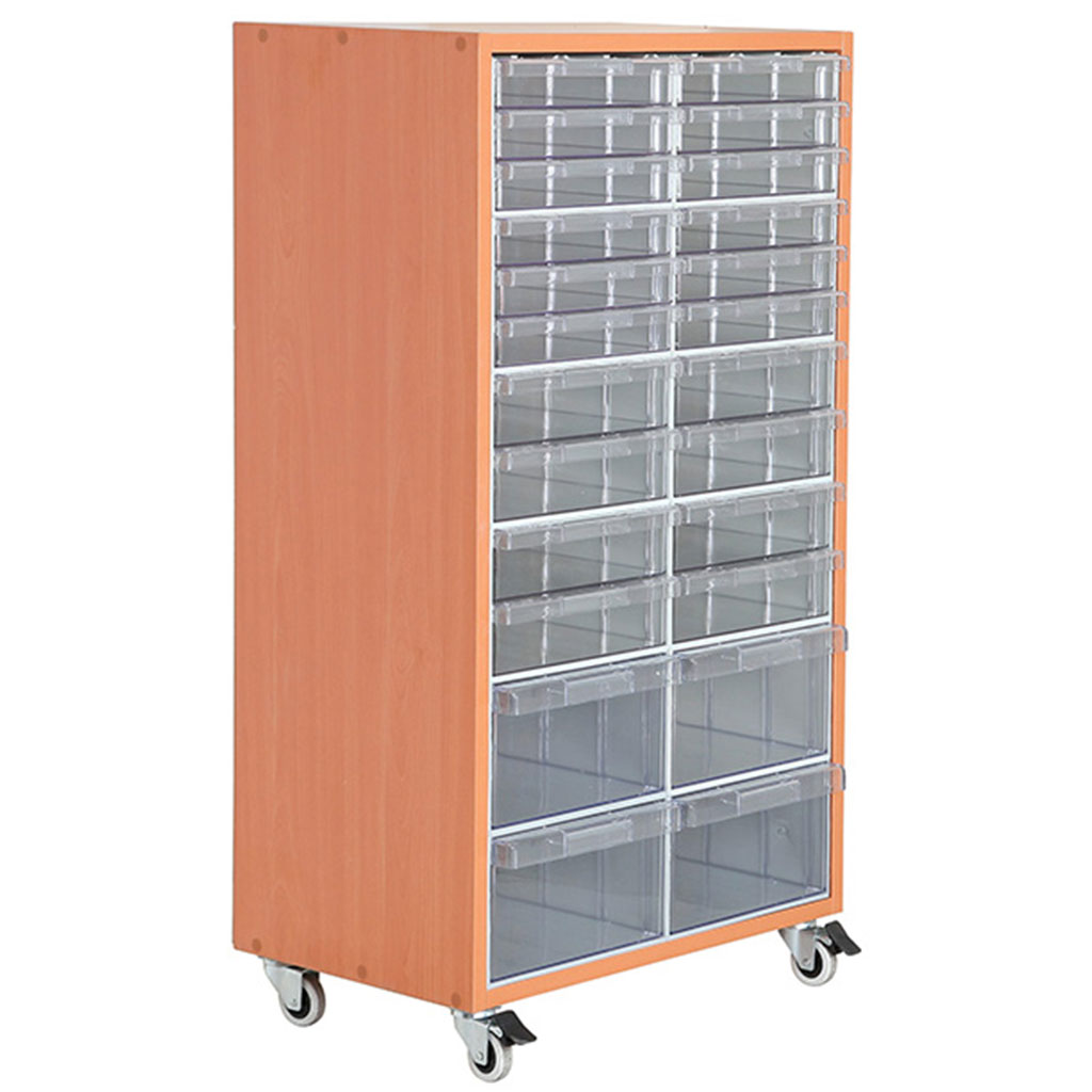 Wooden cabinet on wheels with plastic drawers