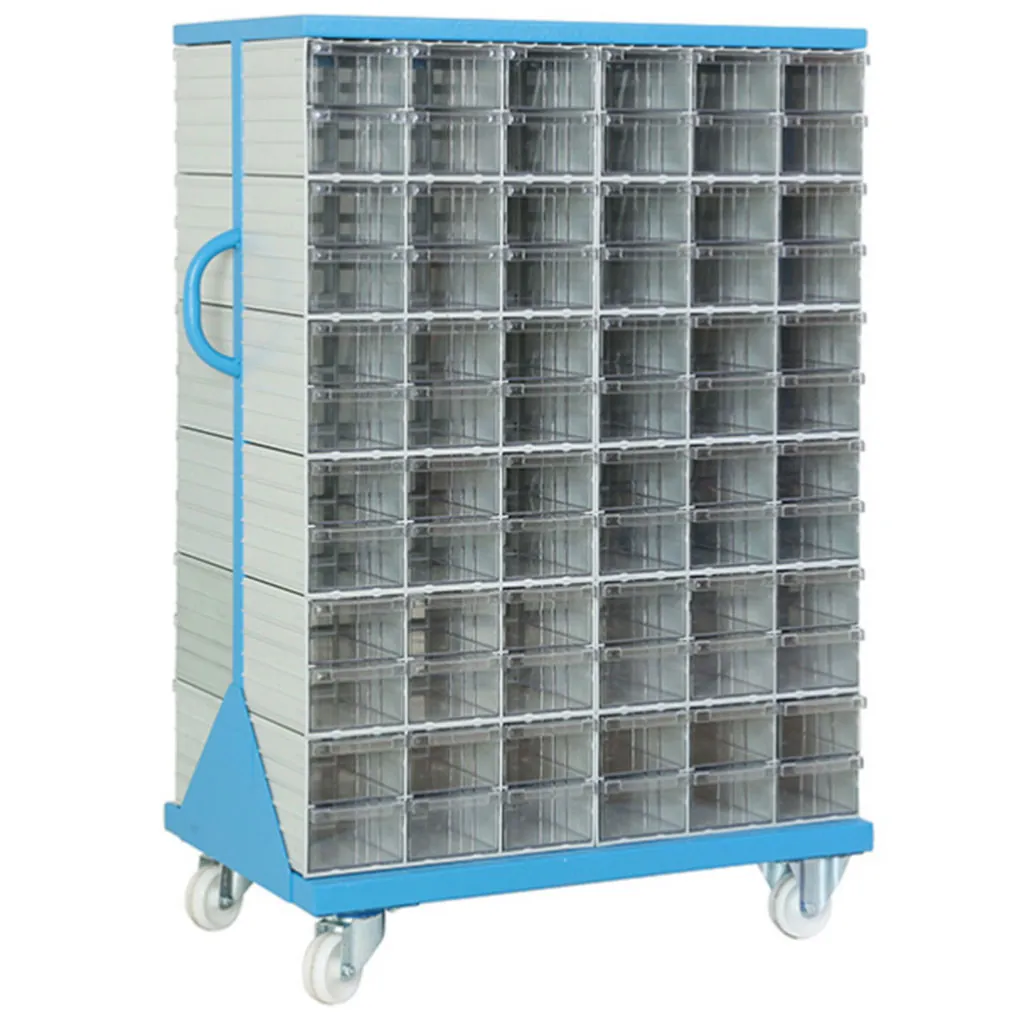 Two-way metal cabinet on wheels with plastic drawers