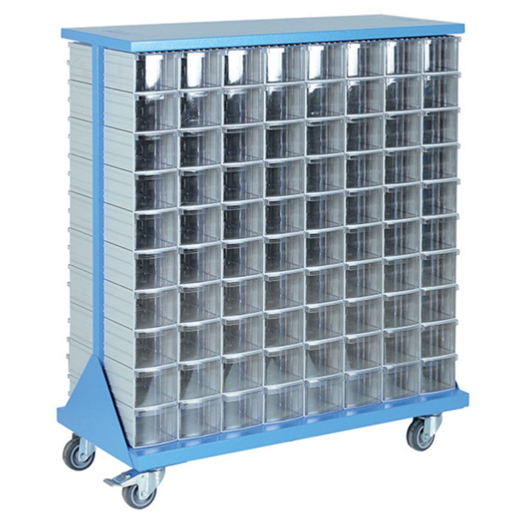 Two-way metal cabinet on wheels with plastic drawers
