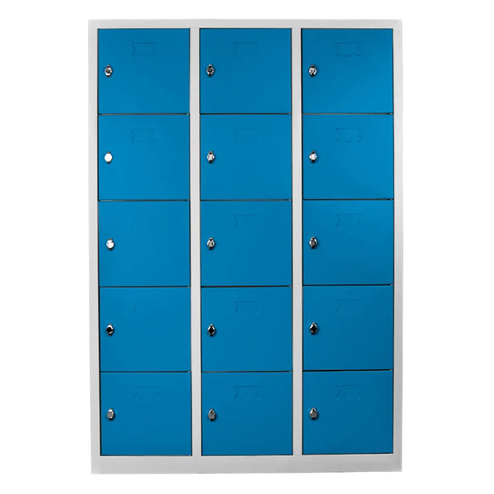 15 compartment student and teacher cabinet in gray blue color